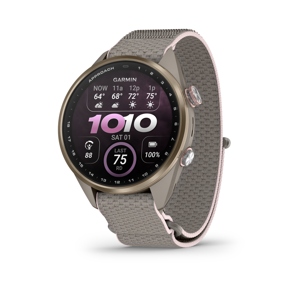 Garmin Approach S72 43 mm French Grey/Blush Pink – framifrån vänster