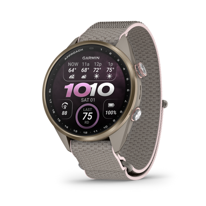 Garmin Approach S72 43 mm French Grey/Blush Pink – framifrån vänster