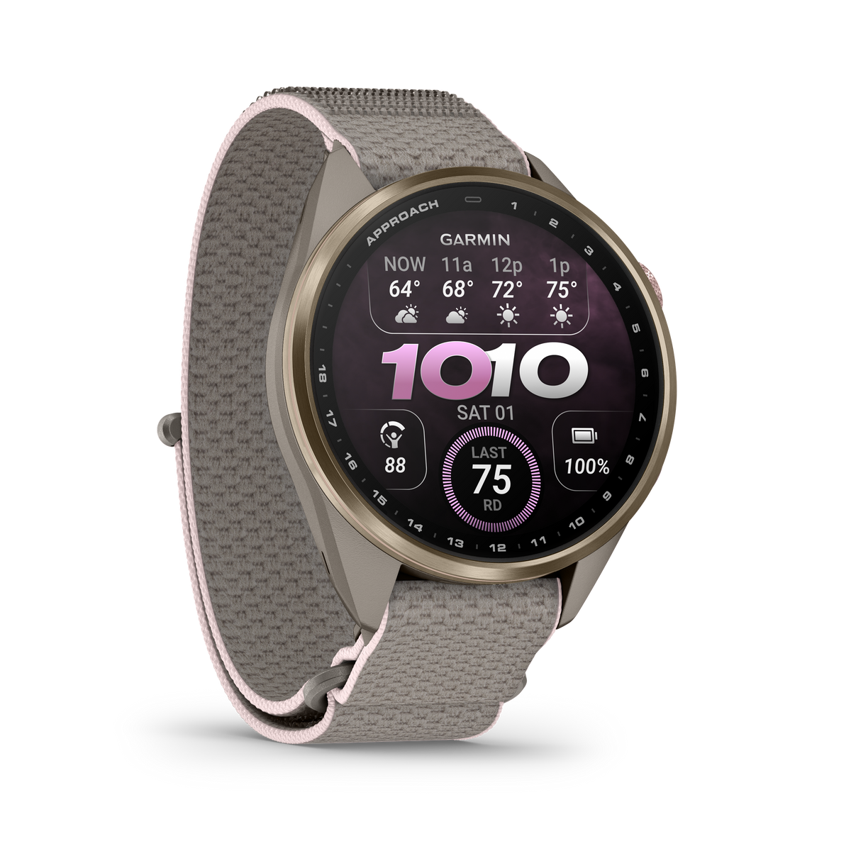 Garmin Approach S72 43 mm French Grey/Blush Pink – framifrån höger