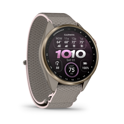 Garmin Approach S72 43 mm French Grey/Blush Pink – framifrån höger
