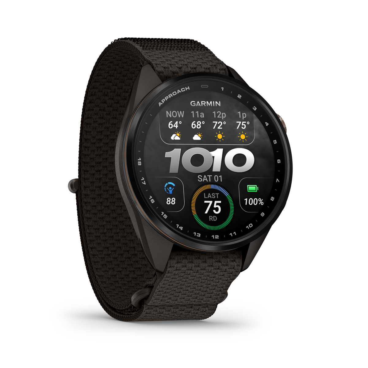 Garmin Approach S72 43 mm Pebble Grey/Bronze – framifrån höger
