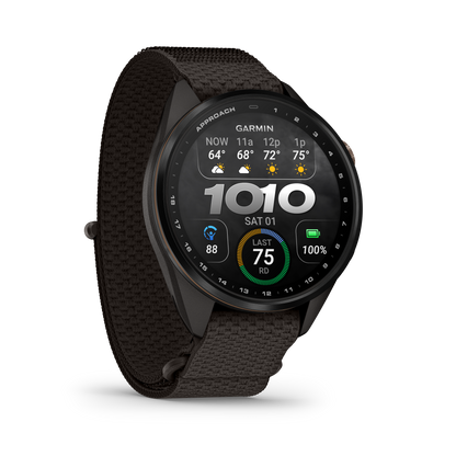 Garmin Approach S72 43 mm Pebble Grey/Bronze – framifrån höger