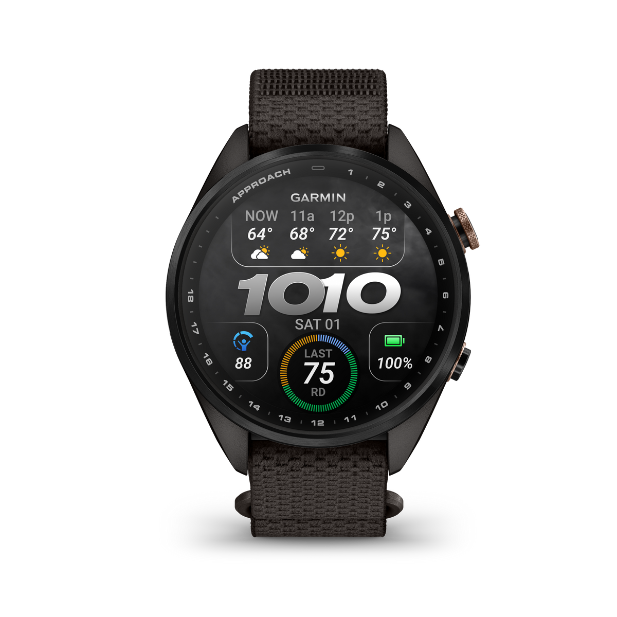 Garmin Approach S72 43 mm Pebble Grey/Bronze – framifrån